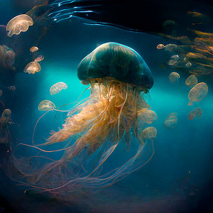 水下世界里美丽的水母，内发光