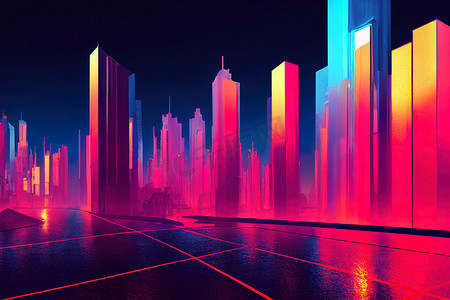 抽象霓虹大城市与光的 3D 渲染