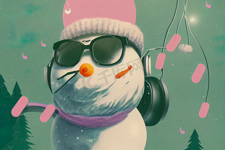 胡萝卜鼻子摄影照片_动画与一个快乐的雪人在粉红色的眼镜和