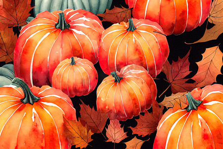 枫叶海报摄影照片_你好秋天，秋天水彩背景，枫叶与橙色