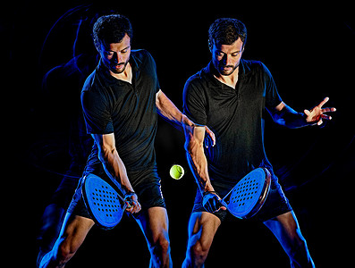 桨网球运动员人光画孤立黑色背景