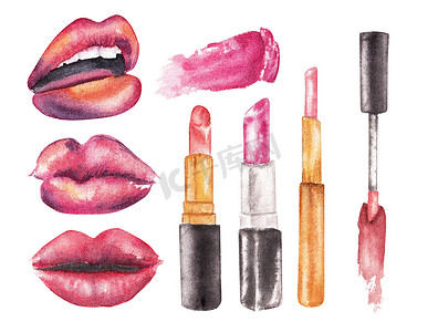 艺术嘴唇摄影照片_用水彩制成的多色口红样本、嘴唇和美容产品