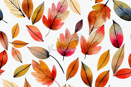 水彩手绘无缝图案与秋叶，罗文