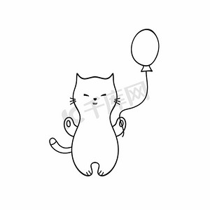 线条猫咪摄影照片_一只带着涂鸦风格气球的小猫。