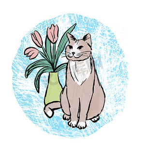 可爱彩色手绘摄影照片_手绘 illsutration 与猫和花卉室内植物在蓝色彩色背景。