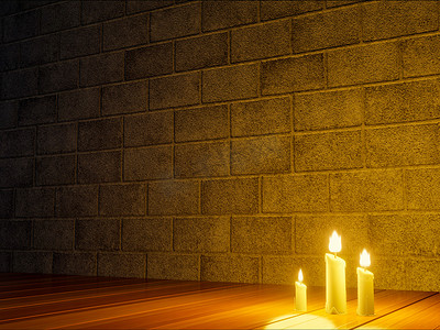 黄色蜡烛光摄影照片_晚上在老式木桌上的圣诞气氛中的蜡烛。