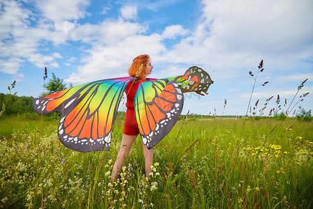 夏日阳光明媚的日子，红发蝴蝶翅膀的成年女孩在草甸或草地、鲜花的田野里享受乐趣和欢乐