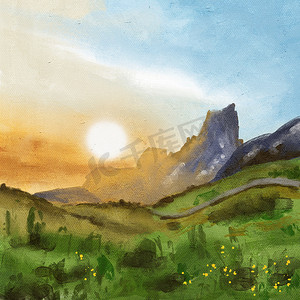 手绘插图的太阳在山草甸山峰上。
