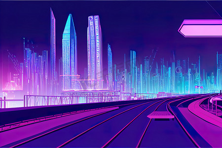 未来大都市街道夜间天际线卡通 2d 带照明