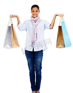 包女包摄影照片_快乐、购物和女包、微笑和时尚销售隔离在白色背景上。