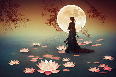 中秋节剪纸摄影照片_剪纸风格可爱的月亮在莲花中间高品质的 2D 插图。