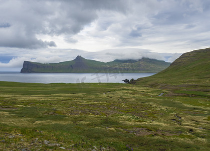 西部峡湾美丽的 Hornbjarg 悬崖、冰岛偏远的 Hornstrandir 自然保护区的风景，有绿色的草地、鲜花、水流和山丘、蓝色的大海和多云的天空背景