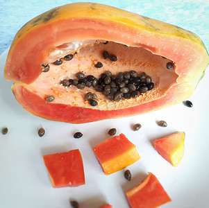 橙色新鲜木瓜保存在白色背景中，切块，富含纤维维生素 C 和抗氧化剂增强免疫力对糖尿病患者和眼睛有益