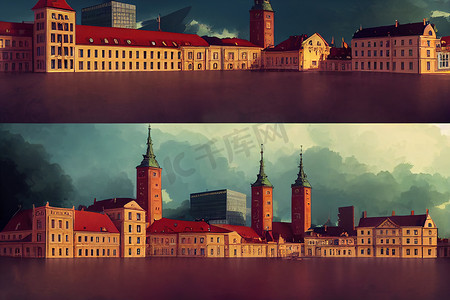 动漫场景城市摄影照片_动漫风格，弗罗茨瓦夫市中心集市广场的房屋和