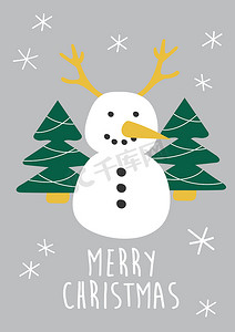创意手绘圣诞贺卡，上面有滑稽的微笑雪人，有角