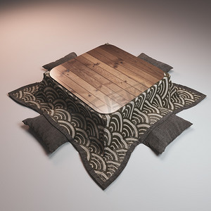 被炉矮桌日式风格和白色背景的枕头。