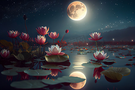 月亮池塘摄影照片_月亮背景下沼泽中睡莲的夜景