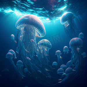 海底世界中的霓虹水母群