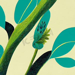 青色花朵摄影照片_用于版画和墙壁艺术的彩色水彩植物插图。