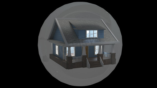 黑色背景圆顶下 2 层小屋的 3D 模型。