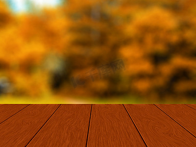 秋天木板背景摄影照片_空木桌与模糊的秋季森林。