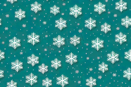 绿色背景海报创意摄影照片_圣诞节背景与雪花。