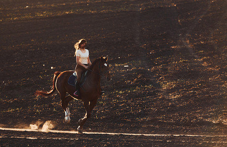 在农田骑马摄影照片_阳光明媚的白天，戴防护帽的年轻女子在农田里骑马