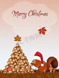 圣诞明信片，圣诞松鼠用橡子做树