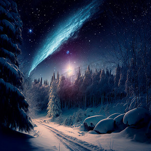 星空月亮摄影照片_冬季森林中明亮的星空