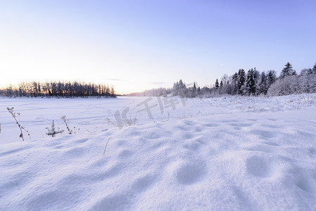 冰湖和森林覆盖着大雪和美丽的蓝色