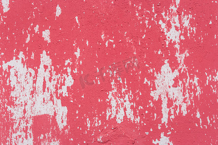 红色剥落油漆抽象色彩图案设计磨损风化白色墙面纹理背景