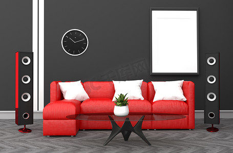 黑墙现代风格，配有红色扬声器和沙发。 