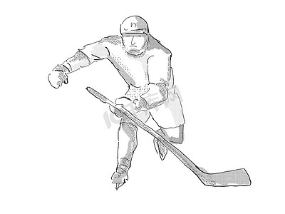男人卡通手绘摄影照片_孤立的冰球运动员卡通