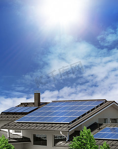 光伏屋顶摄影照片_房子屋顶上的太阳能电池板