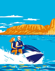 海报情侣摄影照片_美国堪萨斯州雪松崖州立公园与情侣乘坐摩托艇在雪松崖水库 WPA 海报艺术