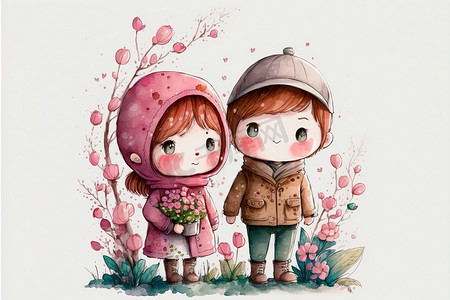 可爱的男孩和女孩相爱在浪漫的情人节手绘卡通风格