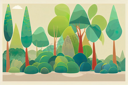 卡通夏季森林树木、灌木和草地二维插图。