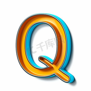 文悦木活字体摄影照片_橙色蓝色薄金属字体字母 Q 3D