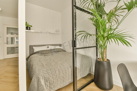 一间配有床和盆栽植物的卧室