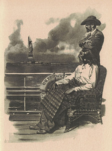 黑白插图显示船上有一名美国印第安人和一名白人。
