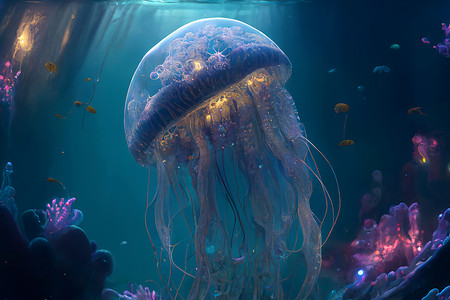 水下世界中美丽的霓虹水母，内发光
