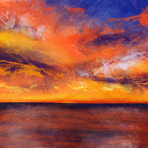 手绘水瓶摄影照片_手绘插图海洋水面橙色日落，闪亮的微光反射，日出日落冷蓝波概念，清澈的夏日旅行，油画质感。