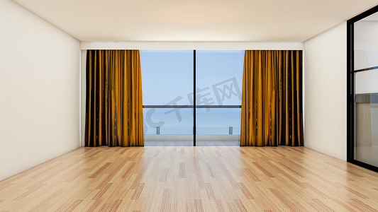 空房间和客厅的室内设计现代风格，配有窗户或门和木地板。 