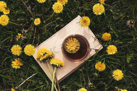 一杯蒲公英茶在书上，草地上有新鲜的黄色花朵，复古风格。