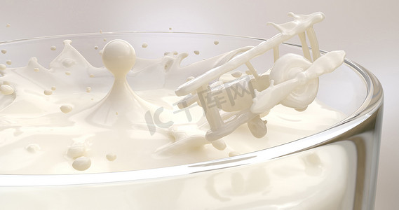 液体流体摄影照片_3d 渲染玻璃杯中的一滴牛奶。