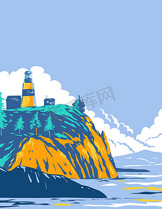 华盛顿州西部哥伦比亚河口断崖上灯塔的失望角 WPA 海报艺术