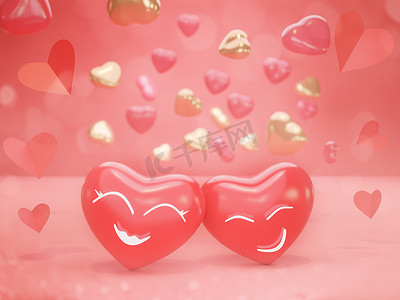 3d红心摄影照片_情人节快乐，3D 渲染红心气球形状和红色背景上的灯泡。