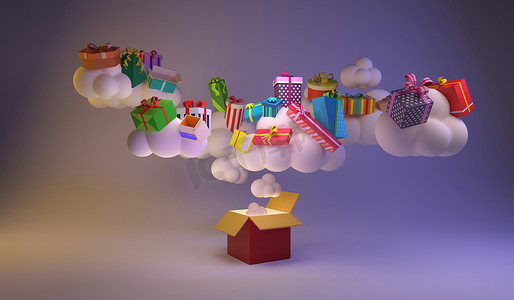 3d 渲染的礼物和云。