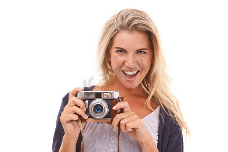 摄影师、工作室肖像和带相机的女性，用于复古照片拍摄、图片记忆或镜头拍摄。