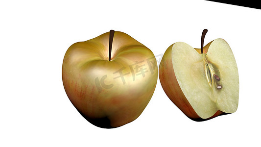 绿色食物插图摄影照片_红苹果与切片部分隔离在白色背景
